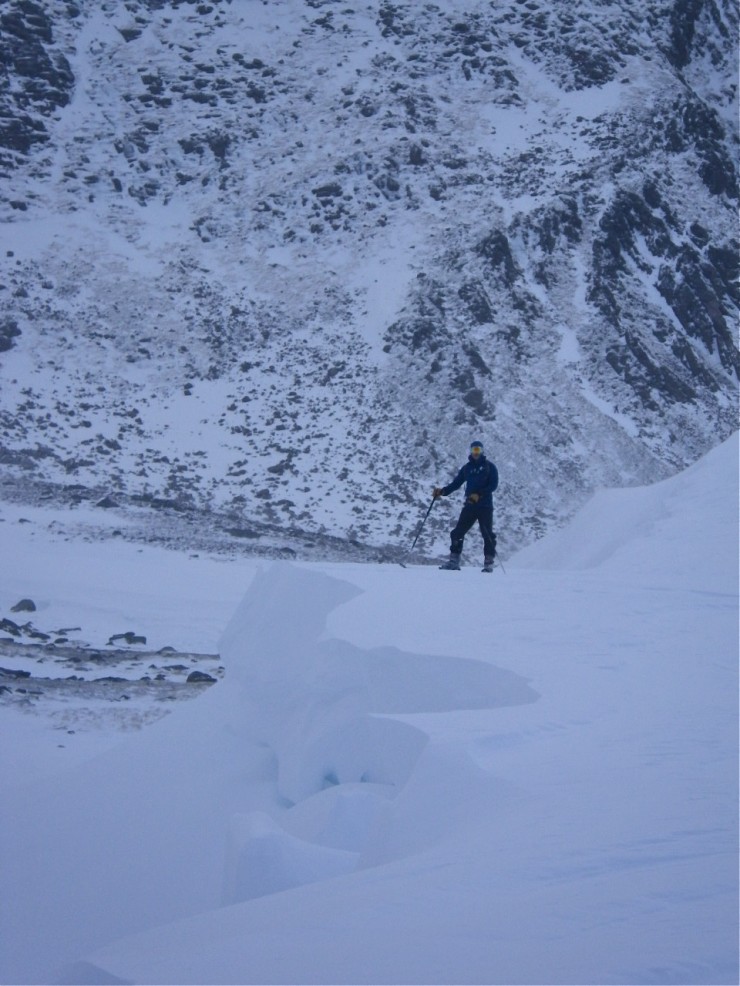 Large cornices and deep drifts on this E aspect