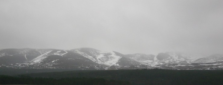 Looking at The Cairngorms through sheets of rain 
