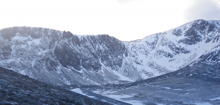 Coire an t-Sneachda, with sparse snowfields which are bolt hard neve.