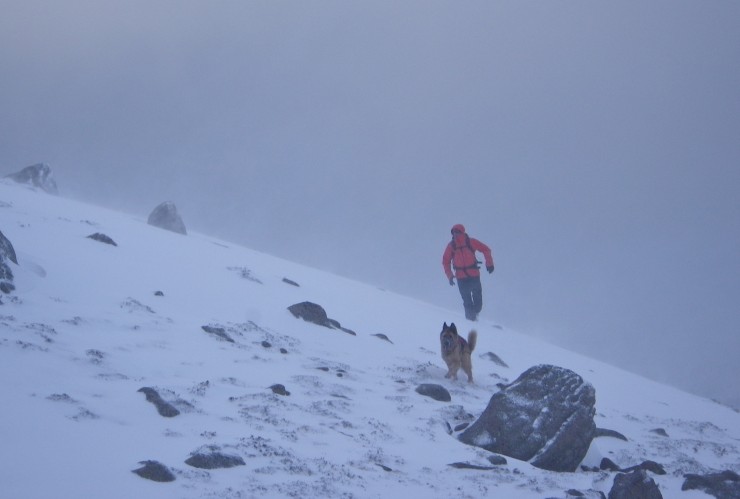 Poor visibility  in snow showers, strong winds on the ridges