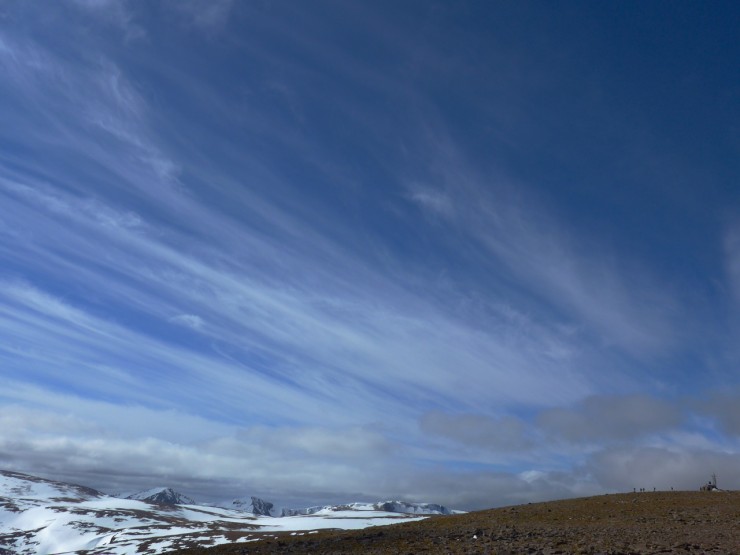 Cairngorm summit weather station with the plateau Cairntoull and Angels peak beyond