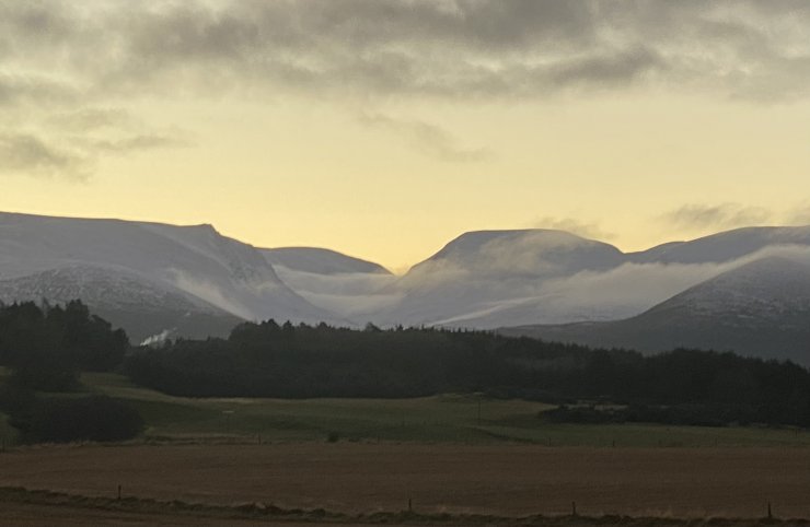 Sunrise looking South towards Lurcher's crag the Lairig Ghru and Braeriach.